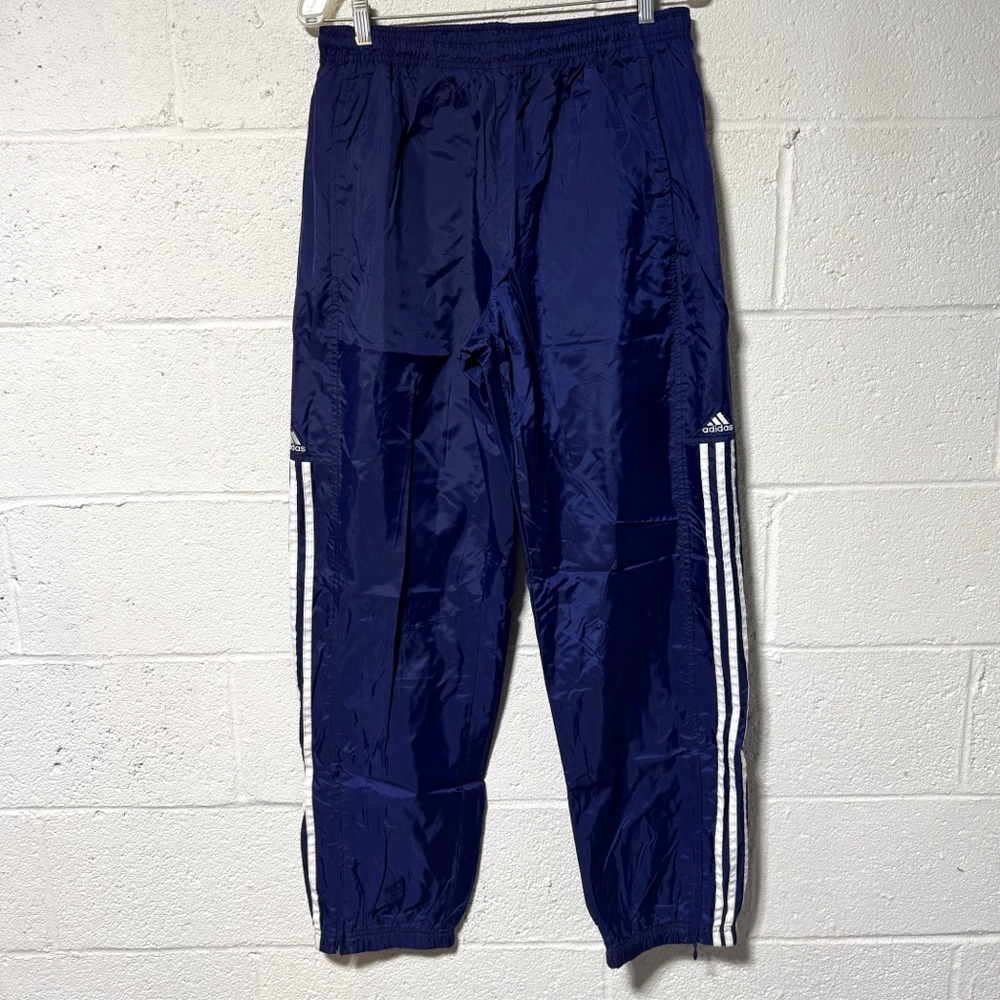 Vintage Adidas Track Pants Navy Blue Three Stripe Windbreaker Y2K Medium